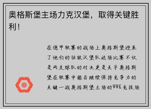 奥格斯堡主场力克汉堡，取得关键胜利！